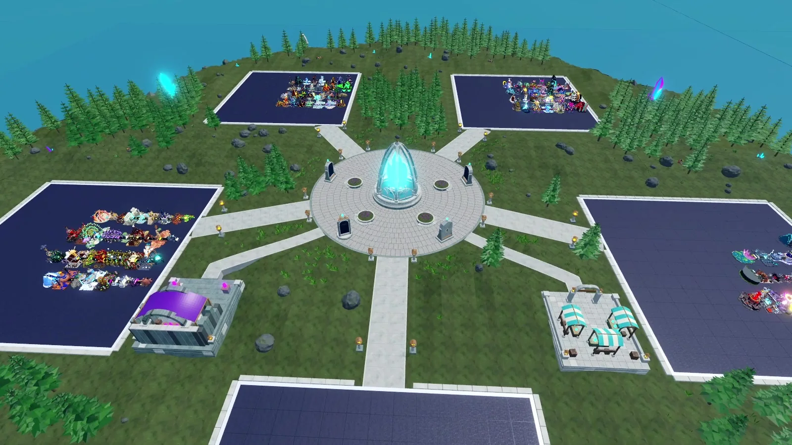 The floating island from the air with plots around the central crystal plaza