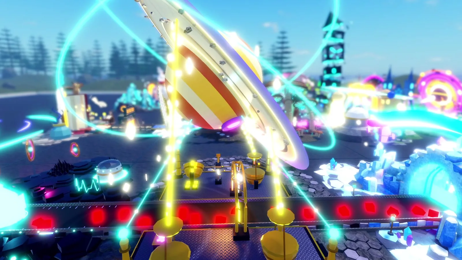 A ringed-planet machine firing beams over a conveyor line